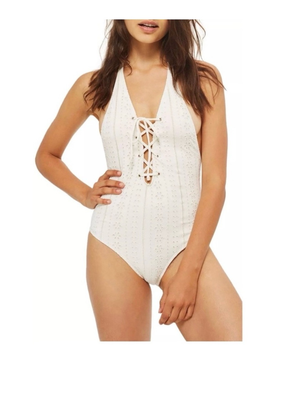 Topshop Ivory Eyelet Lace-Up One-Piece Swimsuit